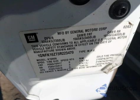 2003 Chevrolet Suburban K1500 из США, поврежденный, VIN 1GNFK16Z73R223479